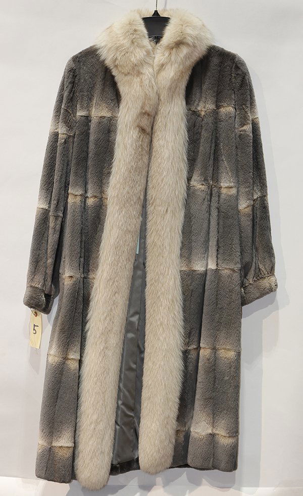 Full length dyed gray nutria coat with fox trim, (1 of 2)