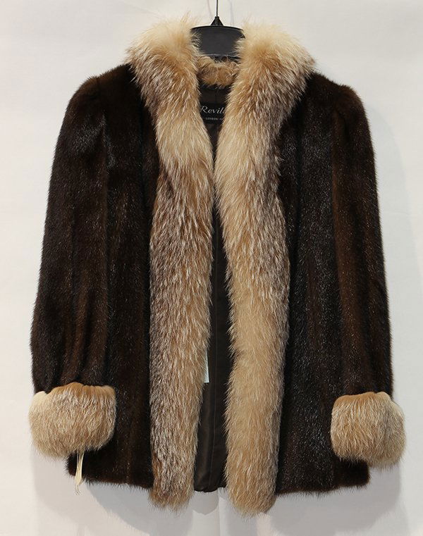 Mahogany mink jacket with crystal fox trim, (1 of 2)