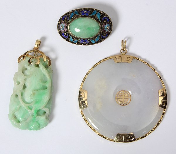 (Lot of 3) Jadeite, enamel, yellow gold and silver (1 of 2)