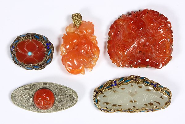 (Lot of 5) Carnelian, serpentine, 14k yellow gold,: (Lot of 5) Carnelian, serpentine, 14k yellow gold, silver and gilt jewelry comprised of one carved double sided carnelian plaque, measuring approximately 44 x 31 x 11 mm, depicting a flower and fruit,