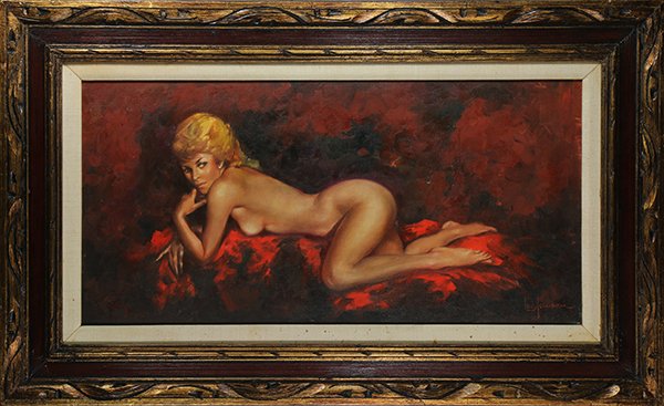 Painting, Leo Jansen: Leo Jansen (American, 1930-1980), Nude Lounging, oil on canvas, signed lower right, overall (with frame): 24"h x 38.5"w