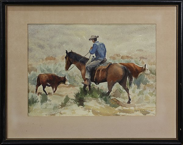 Watercolor, Cowboy on Horseback with Cattle (1 of 1)