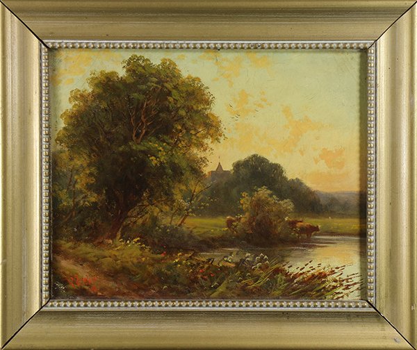 Painting, European School (20th century): European School (20th century), Sunset with Cattle by Pond, 1910, oil on canvas, dated and signed "Jensen" lower left, overall (with frame): 10.75"h x 12.75"w. Provenance: Property from the Christian 