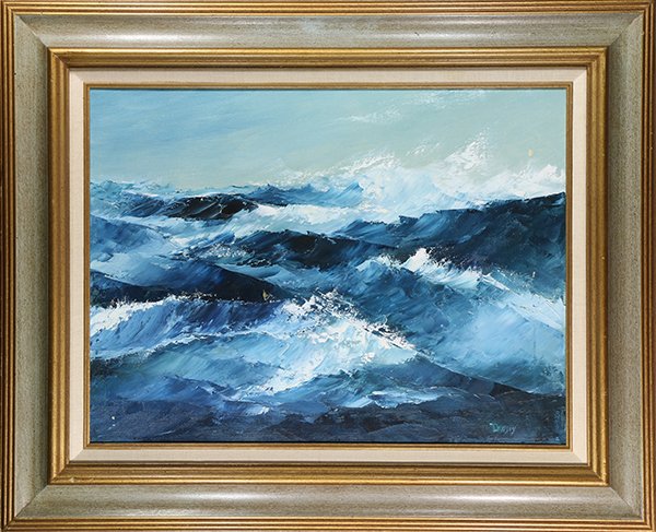 Painting, Pearl Dawson: Pearl Dawson (Americn, 20th century), Waves, oil on canvas, signed lower right, artist card affixed verso, overall (with frame): 26"h x 32"w