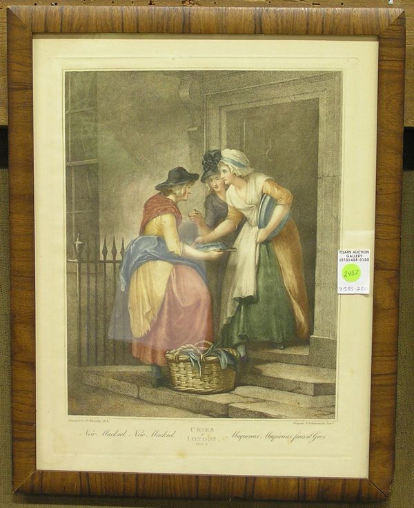 Engravings, Frances Wheatley, British: (lot of 2) Framed stipple engravings after Francis Wheatley (British 1747-1801) from the Cries of London (circa 1790s): "A New Love Song only happenny a piece", image size: 14.5" x 11.25", overall: 25