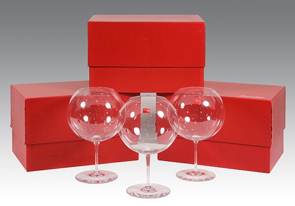(lot of 3) Baccarat Bacchus (Romanee Conti) crystal: (lot of 3) Baccarat Bacchus (Romanee Conti) crystal degustation tasting glasses, each having a large bowl and rising on a circular base marked Baccarat, 9"h x 6"w (with original boxes)