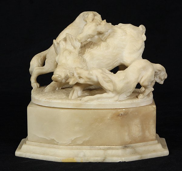 Alabaster and marble hunting trophy box, the oval: Alabaster and marble hunting trophy box, the oval marble lid supporting two carved hunting dogs fighting a wild boar, and rising on an alabaster graduated base, 7.5"h x 8"w x 5.25"d