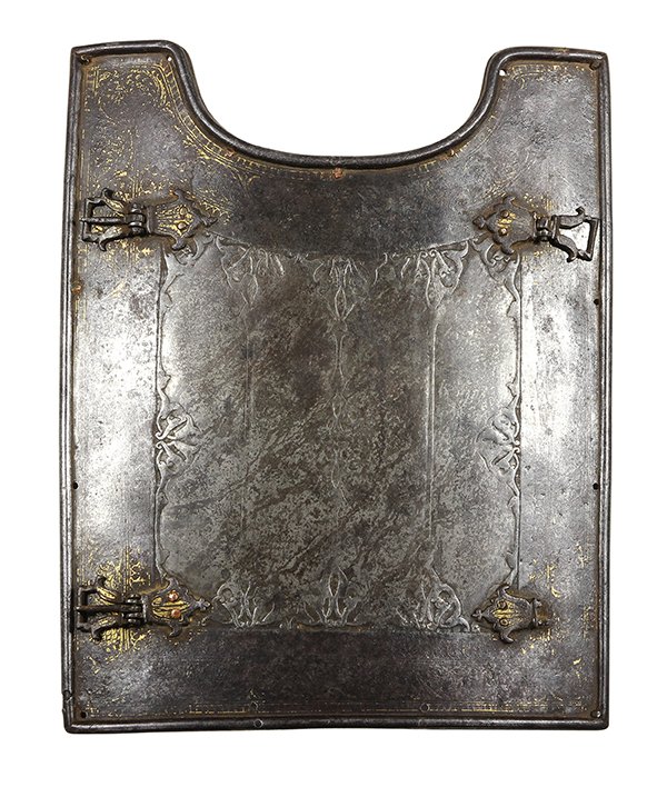 Indo Persian Islamic Char Aina Armor gilt and steel: Indo Persian Islamic Char Aina Armor gilt and steel chest plate, Qajar Dynasty, 18th Century, with a fretted border and a semicircular notch for the neck, haveing four applied strap holders, the surfa