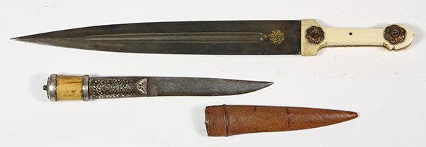 (lot of 2) Indo-Persian daggers: (lot of 2) Indo-Persian daggers, possibly 19th century, the Kindjal dagger having a marine ivory grip with gold inlaid floral rivets leading to the wootz steel (Damascus) double edged blade centering 