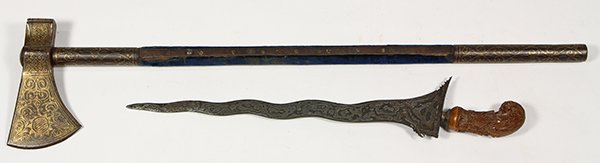 (lot of 2) Ottoman war hammer: (lot of 2) Ottoman war hammer, 18th century, executed in iron with gold inlaid filigree decoration on axe head and handles, the wooden haft covered in worn velvet, 26"h x 6"w; together with an Indones