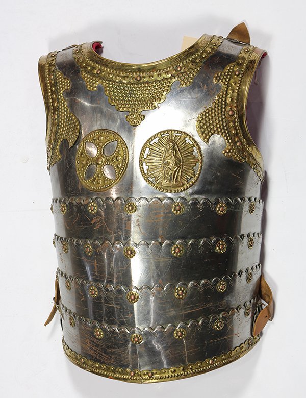 Polish Hussar armor breastplate, 20th Century: Polish Hussar armor breastplate, 20th Century reproduction, with applied brass ornament and faux articulated bands, the interior lined with red felt and having two leather shoulder straps with buckle 