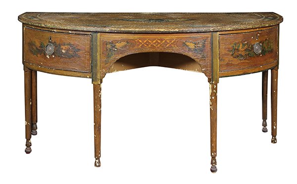 Louis XVI style demilune buffet, France circa 1860, the: Louis XVI style demilune buffet, France circa 1860, the entire two drawer case having Vernis Martin style scenic and floral detail, and rising on turned legs, 31"h x 60"w x 28"d. Provenance: Property 