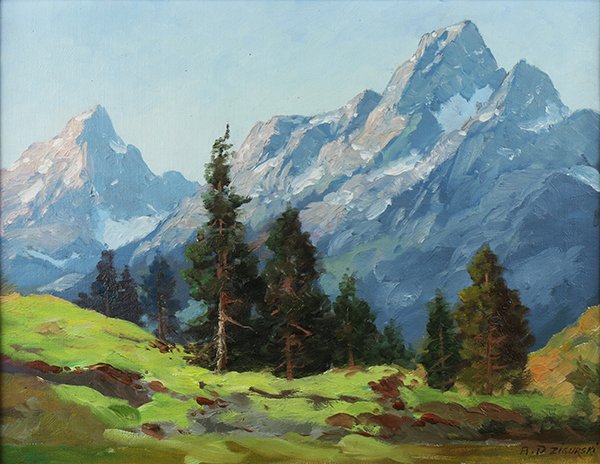 Painting, Alexander Dzigurski: Alexander Dzigurski (American, 1911-1995), Spring in the Mountains, oil on board, signed lower right, sight: 13.5"h x 17.5"w, overall (with frame): 20.5"h x 24.5"w