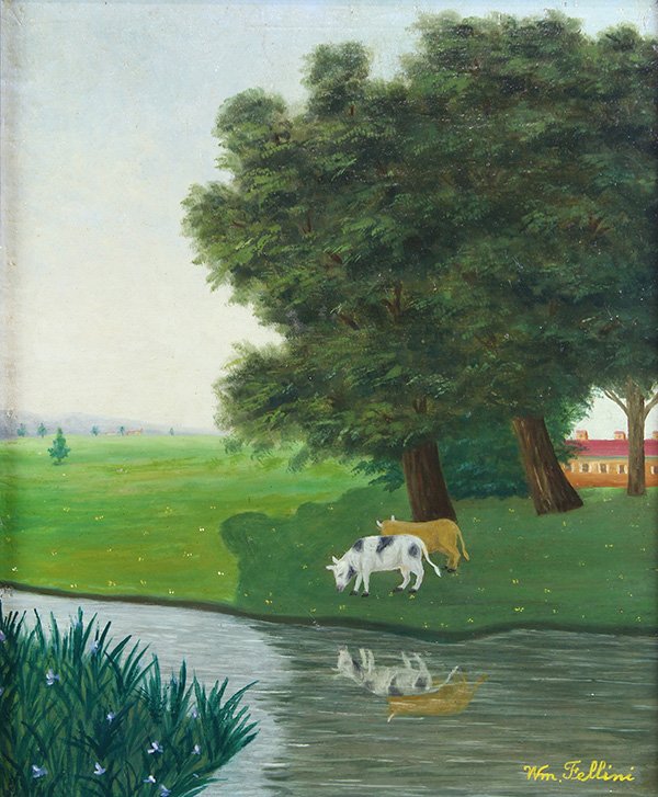 Paintings by William Fellini: (lot of 3) William Fellini (American, 20th century), Cows by a Pond, Snow Scene with House by the Road, and Portrait of a Man with Beard, oils on canvas, each signed, sights: 18"h x 15"w/14.25"h x 18.