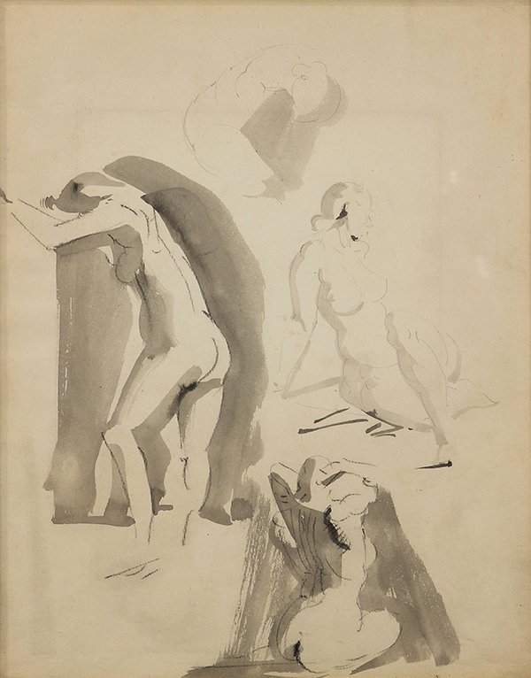 Drawing, Reginald Marsh: Reginald Marsh (American, 1898-1954), "Four Figures," circa 1952-53, ink and wash drawing, unsigned, gallery title label (Chapellier Galleries, New York City) affixed verso, inscribed in pencil verso,