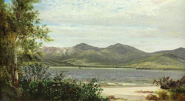 Painting, David Johnson: David Johnson (American, 1827-1908), Boats on the Hudson River, 1869, oil on canvas, monogrammed and dated lower left, canvas: 13.25"h x 23"w, overall (with frame): 20.5"h x 30"w