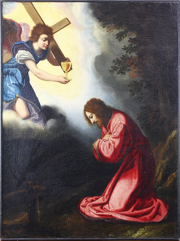 Paiting, European School (17th century): European School (17th century), The Symbol of the Chalice in the Garden of Olives, oil on canvas, unsigned, canvas: 24.5"h x 18.25"w, overall (with frame): 25"h x 19"w
