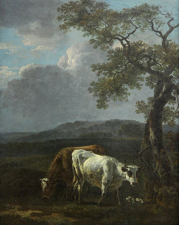 Painting, Attributed to Paulus Potter: Attributed to Paulus Potter (Dutch, 1625-1654), Landscape with Cattle and Passing Storm, oil on panel, bears signature lower right, panel: 19.5" h x 15.5"w, overall (with frame): 26"h x 22"w