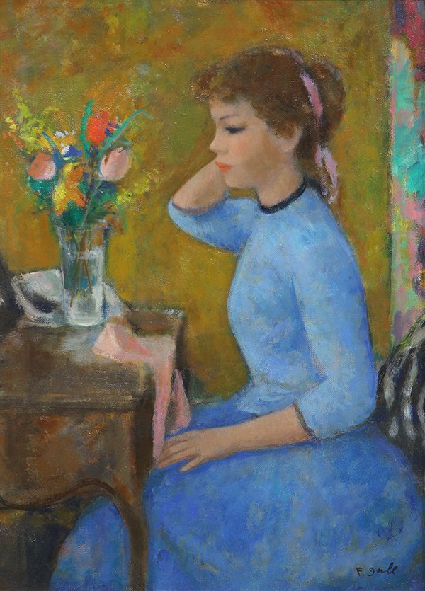 Painting, Francois Gall: François Gall (French, 1912-1987), Seated Girl with Blue Dress, oil on canvas, signed lower right, canvas: 18"h x 13.25"w, overall (with frame): 26.5"h x 21.5"w
