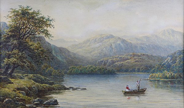 Watercolor, Lev Lagorio: Lev Felixovich Lagorio (Russian, 1827-1905), Mountain Lake Scene with Figures in a Boat, watercolor on paper, signed lower left, sight: 9.75"h x 16.75"w, overall (with frame): 19.25"h x 25.5"w