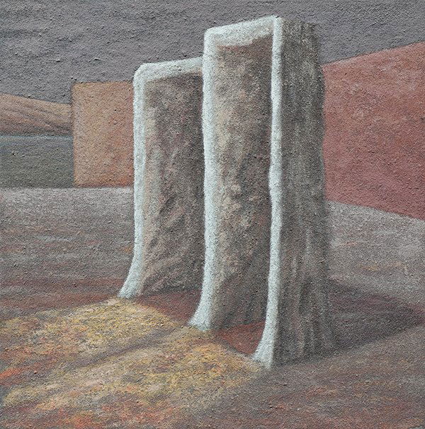 Painting, Wade Hoefer: Wade Hoefer (American, b. 1951), "The Chapel Twins," 1986, mixed media on canvas, signed, titled, dated and inscribed "Healdsburg, CA," verso, overall (canvas/unframed): 30"h x 30"w