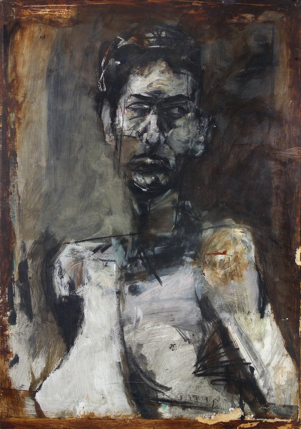 Painting, Kim Frohsin: Kim Frohsin (American, b. 1961), Untitled (Portrait of a Woman), 1988, oil on woven paper, signed and dated lower right, sheet (unframed): 24"h x 17"w
