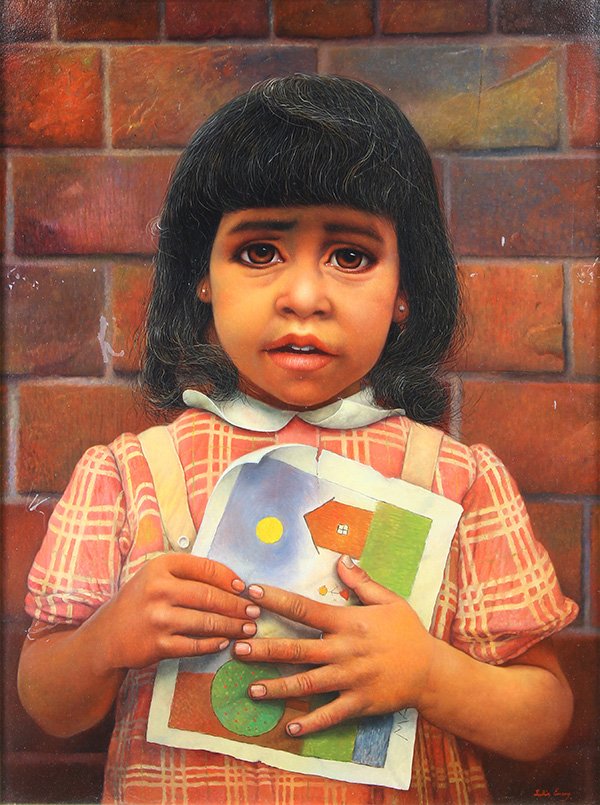 Painting, Leslie Emery: Leslie Emery (American, 1912-1998), "The Little Artist," 1962, oil on board, signed lower right, signed titled and dated verso, board: 24"h x 18"w, overall (with frame): 34.5"h x 28.5"w