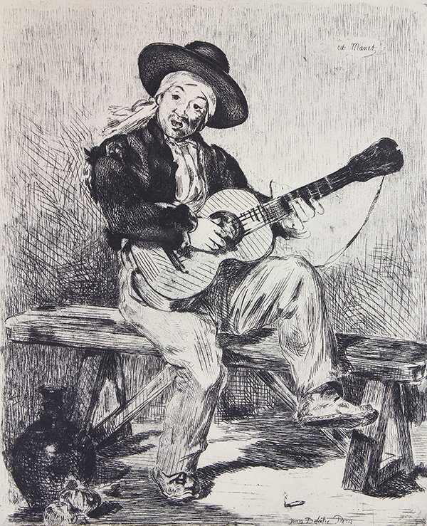 Print, Edouard Manet: Edouard Manet (French, 1832-1883), "Le Guitarero," 1861, etching, plate signed upper right, "Imp Delatra Paris" lower right, sight: 10.75"h x 9"w, overall (with frame): 20.5"h x 15.5"w