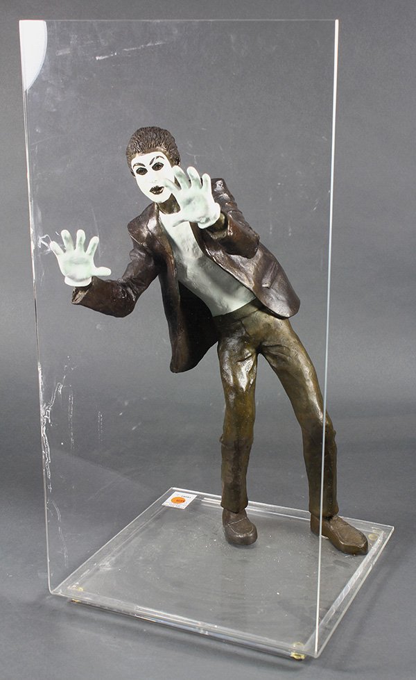 Sculpture, Jerome Soble: Jerome Soble (American, Contemporary), "Wall IX," 1989, painted bronze sculpture with plexi, signed, titled, and dated on inner part of Mime's jacket, sculpture: 20"h x 9"w x 11"d, overall (with plexi