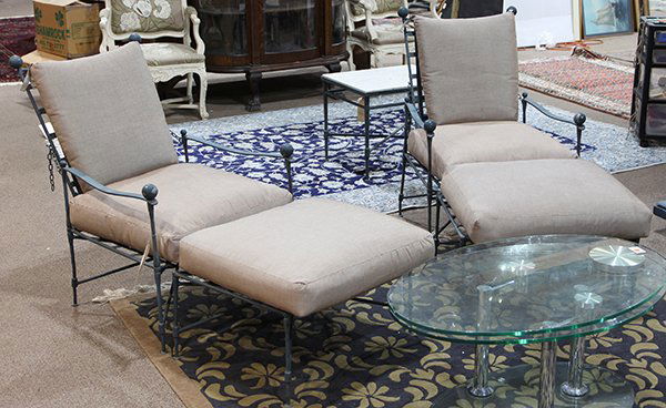 (Lot of 4) Pair of Mario Papperzini for John Salterini: (Lot of 4) Pair of Mario Papperzini for John Salterini iron lounge chairs with ottomans, each having a latticed seat support and adjustable backs, the arms with ball finials, and cushions upholstered