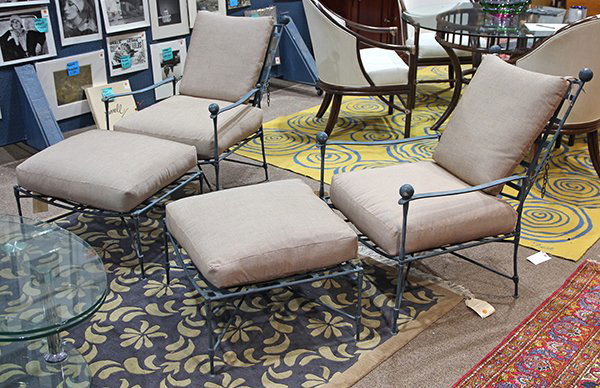 (Lot of 4) Pair of Mario Papperzini for John Salterini: (Lot of 4) Pair of Mario Papperzini for John Salterini iron lounge chairs with ottomans, each having a latticed seat and adjustable back, the arms with ball finials, and cushions upholstered in light