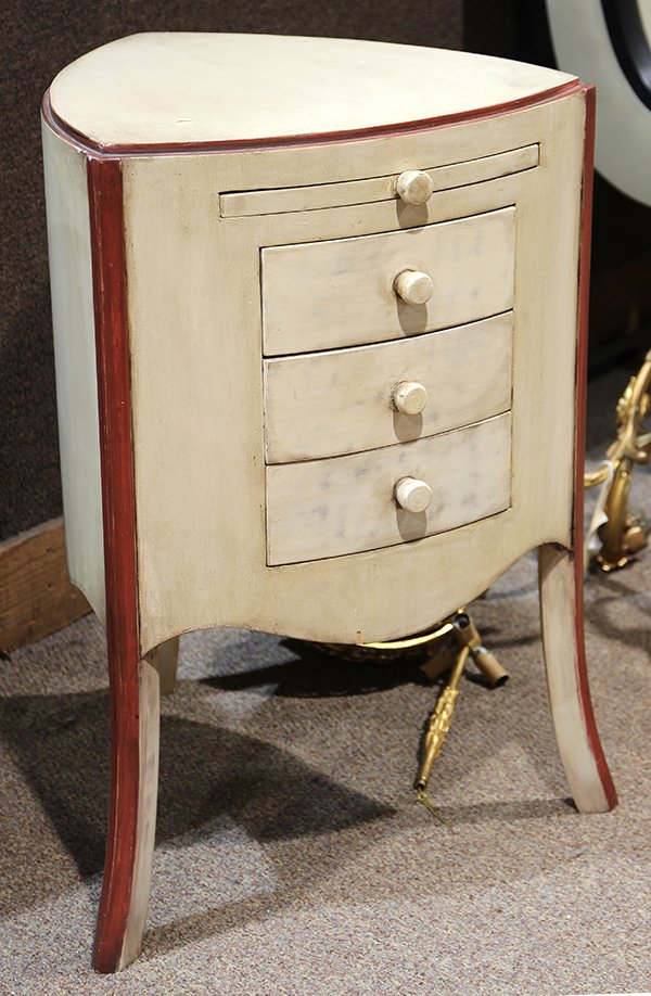 Continental style paint decorated nightstand, having a: Continental style paint decorated nightstand, having a triangular top, above the three drawer case, having a pull-out writing surface, and rising on tapered legs, 27.5"h x 19"w x 18"d