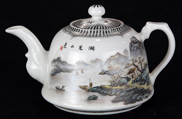 Chinese Enameled Tea Pot: Chinese porcelain tea pot, enameled with a lakeside landscape, reversed with the phrase 'zi sun yong yong', with cyclical date yiyou, bearing Wang Shaoping, base marked 'Pingshan', 6"w