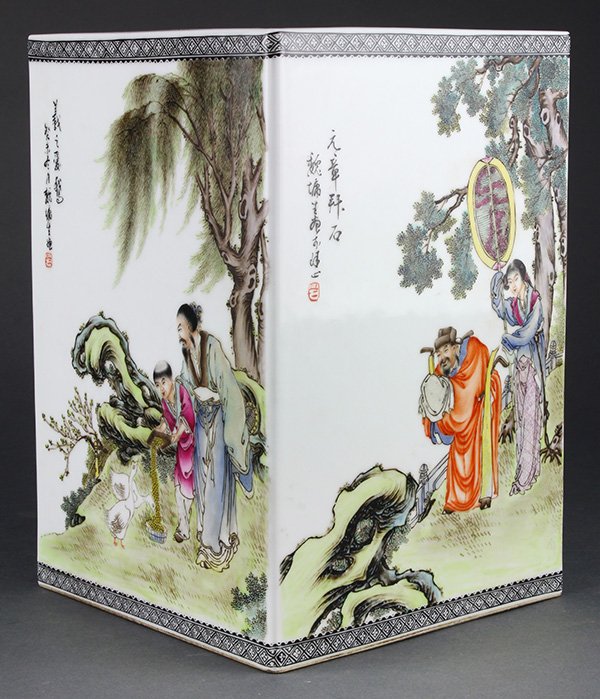 Chinese Square Brush Pot, Scholars: Chinese enameled square porcelain brush pot, featuring four scholars each with their objects of affection, including Wang Zhixi and geese, along with Tao Yunming and chrysanthemums, each side titled a