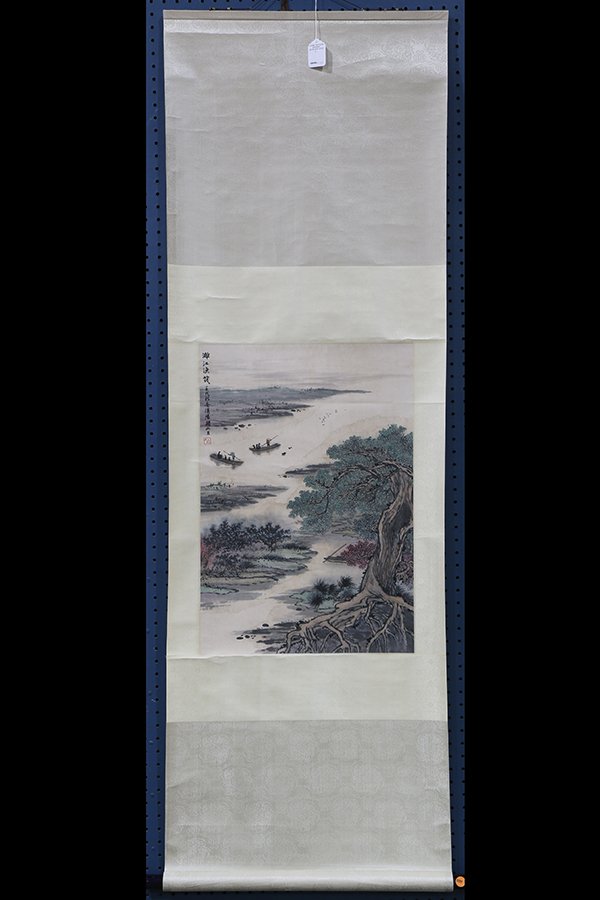 Chinese Scroll, Manner of Guan Shanyue: Manner of Guan Shanyue (Chinese, 1912-2000), Lijiang Fishing Raft (Lijiang yu fa), ink and color on paper, with cyclical date renxu, bearing signature and one seal, 24.5"h x 17"w, overall (scroll): 68