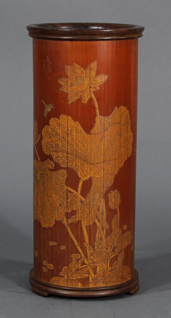 Chinese Bamboo Vase: Chinese bamboo and wood vase, the tall cylindrical shape carved with a lotus pond, bearing signature 'Wang Jian', with wooden rim and base, 11.25"h