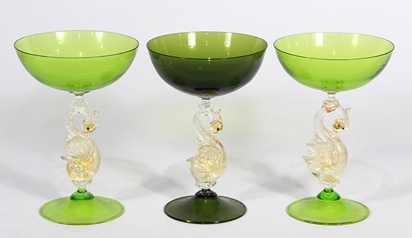 (Lot of 3) Italian Murano compotes, each with green (1 of 2)