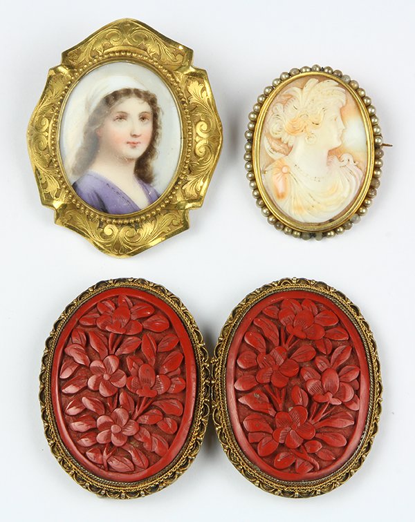 (Lot of 4) Shell cameo, cinnabar, silver-gilt and metal (1 of 6)