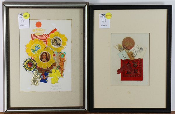 Mixed Medias, Jose Ramon Lerma: (lot of 2) Jose Ramon Lerma (American, b. 1930), "St. Theresa and Friends," 1969 and Tickets, 1976, mixed media collages, each pencil signed and dated lower left, largest overall (with frame): 13"h x