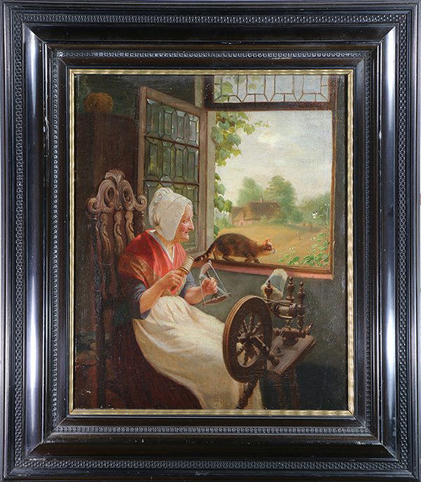 Painting, Dutch School (19th century): Dutch School (19th century), Lady Spinning with Cat in Window, unsigned, overall (with frame): 25.5"h x 22.5"w