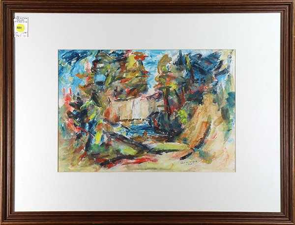 Painting, John A. Dominique: John A. Dominique (American, 1893-1994), View of Matilija Dam, 1962, acrylic on paper, signed and dated lower right, sight: 10.75"h x 15.5"w, overall (with frame): 19.5"h x 25.5"w