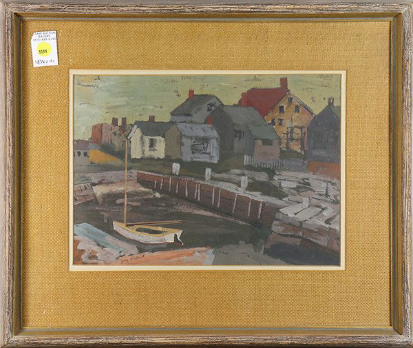 Gouache, Joseph Leboit: Joseph Leboit (American, 1907-2002), Harbor Village with Sailboat, gouache, signed lower left, overall (with frame): 18"h x 21.25"w
