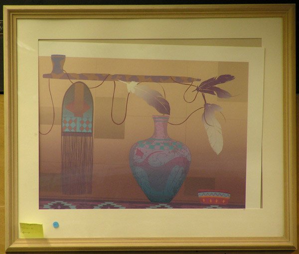 Serigraphs, Robert Wilson, Indian: (lot) Two serigraphs, depicting Native American artifacts: "Relics" and "Dreams Past", by Robert Wilson, pencil signed lower right, approx. 22"H x 30"W overall