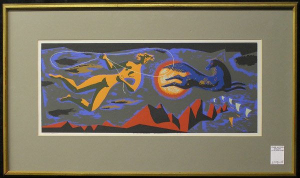 Serigraph, Millard Sheets, Californian: Framed serigraph, Island Dream, by Millard Sheets, signed lower right, #140/185, image: 8.5"H x 20.25"W