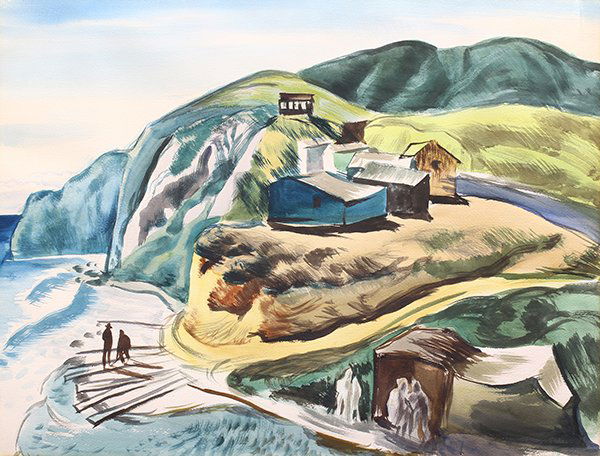 Watercolor, Circle of Millard Owen Sheets: Circle of Millard Sheets (American, 1907-1989), "Satt Creek Cove" and Still Life with Grapes, double-sided watercolor, unsigned, titled in pencil, shipping label (Ellison's Paint Store, Claremont, Cal