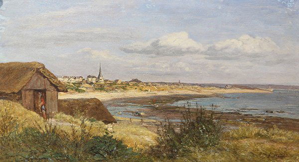 Painting, Eugene Boudin: Eugène Boudin (French, 1824-1898), "Beach Scene," circa 1860, oil on cradled panel, signed lower right, gallery title labels (Paul Kantor Galleries, Beverly Hills, California/Maxwell Galleries, San F