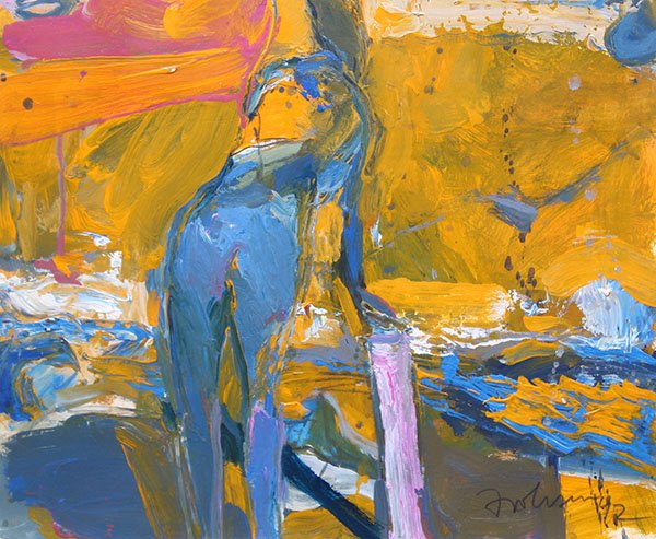 Painting, Kim Frohsin: Kim Frohsin (American, b. 1961), "Bending Over," 1992, acrylic on paper, signed and dated lower right, sheet: 10.5"h x 14"w, overall (with frame): 18.75"h x 22"w