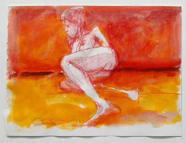 Painting, Kim Frohsin: Kim Frohsin (American, b. 1961), "Red and Orange Nude Reclining," 1990, acrylic on paper, signed and dated lower left, sheet: 7.5"h x 10.75"w, overall (with frame): 13.5"h x 15.75"w