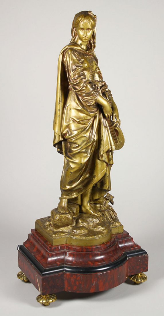 Bronze Sculpture, Eutrope Bouret: Eutrope Bouret (French, 1833-1906), La Musique, patinated bronze sculpture, signed lower left, overall (on red marble base): 22.75"h x 9.75"w x 6.75"d