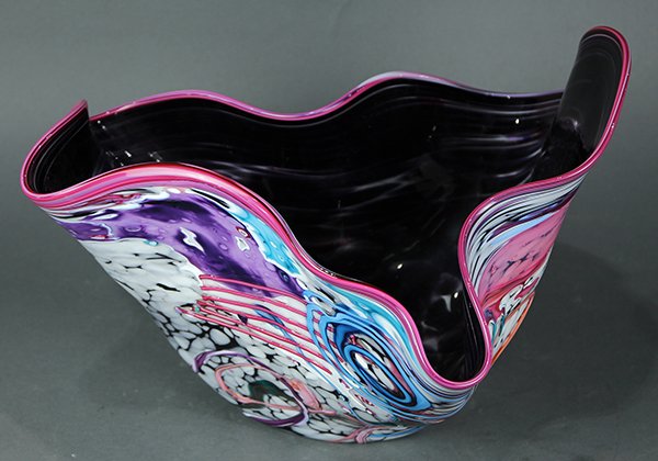 Large Daniel Gaumer and Stephen Nelson centerpiece: Large Daniel Gaumer and Stephen Nelson centerpiece, for Double Vision studio, with mottled purple and white tones, through clear glass with applied colorful patterns and a maroon rim, 11"h, signed on 